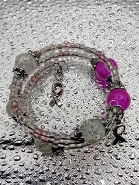 Pink and Silver Beaded Hope Ribbon Wrap Bracelet